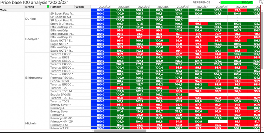 Screenshot of the Lizeo BI with a sheet of Price Base 100 for tyre products