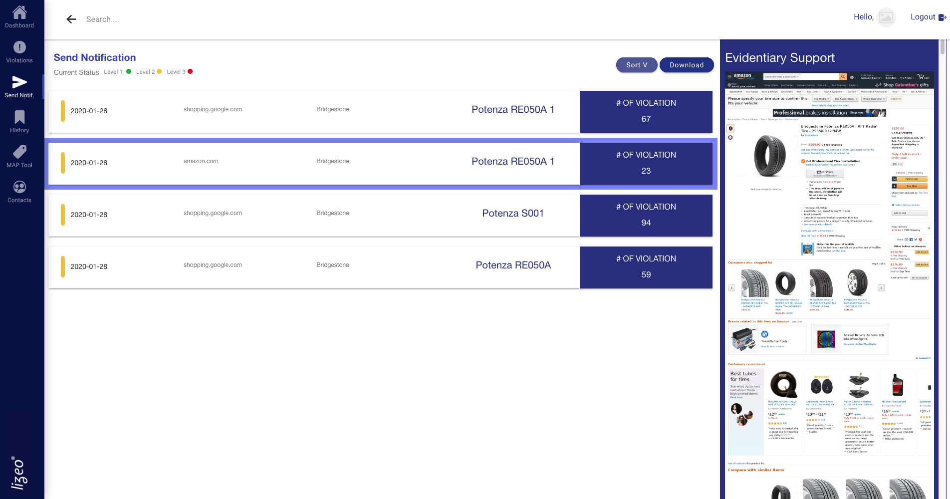 Screenshot of Price Notifications Dashboards in Lizeo MAP solution