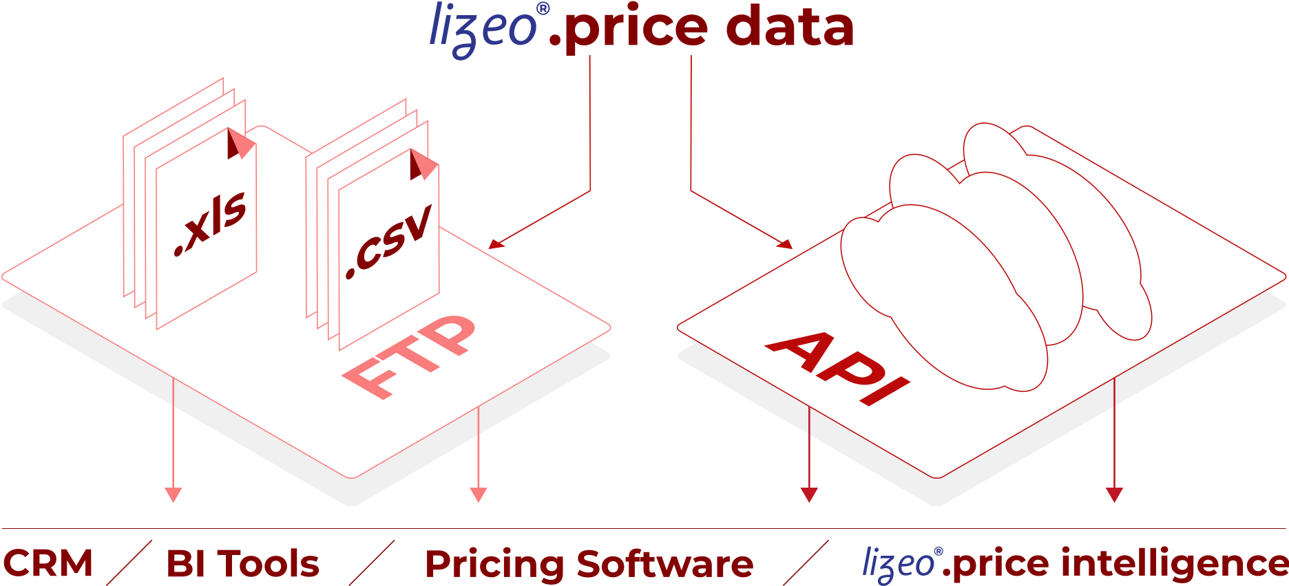 Diagram showing how Lizeo Price Data feeds a multitude of business tools